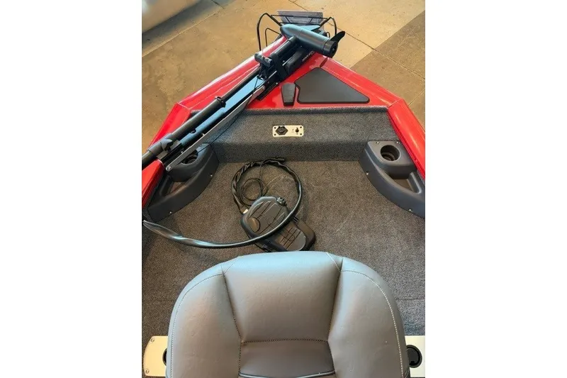 Slide: The Image of 2026 Tracker Pro Team 175 Crappie Edition boat interior with trolling motor and seating. - 15