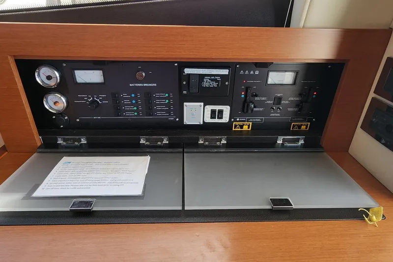 Slide: The Image of Control panel of a 2016 Jeanneau Prestige 50 yacht, featuring gauges and switches. - 7