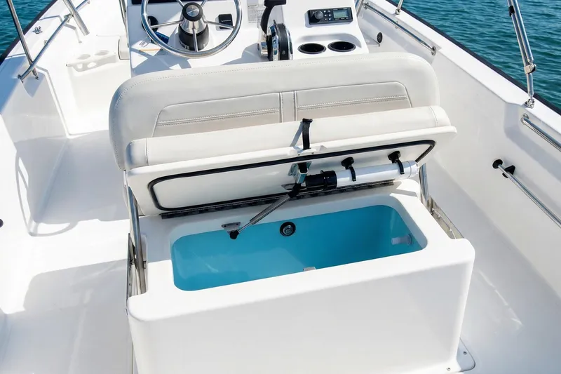 Slide: The Image of 2020 Boston Whaler 190 Montauk boat with YETI cooler and cushioned seat. - 11