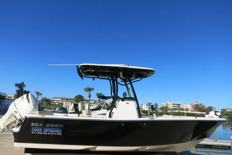 Slide: The Image of 2019 Sea Born LX22 Center Console boat docked under clear blue sky. - 2