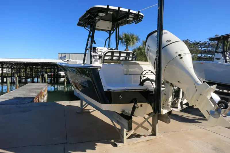 Slide: The Image of 2019 Sea Born LX22 Center Console boat docked under clear blue sky. - 7