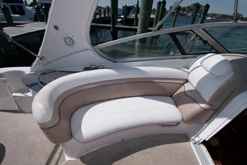Slide: The Image of Luxurious seating area on a 2007 Four Winns 358 Vista boat docked by the water. - 5