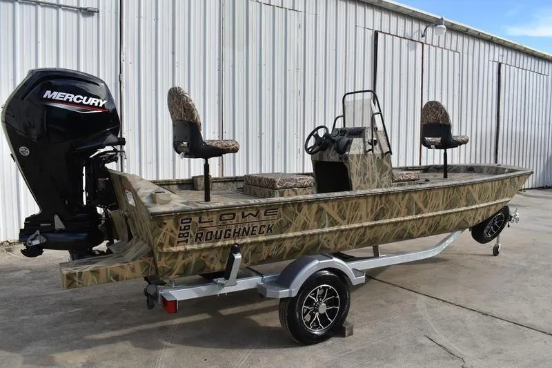 Slide: The Image of 2026 Lowe Roughneck RX1860 Tunnel Jet boat with Mercury engine on trailer. - 6