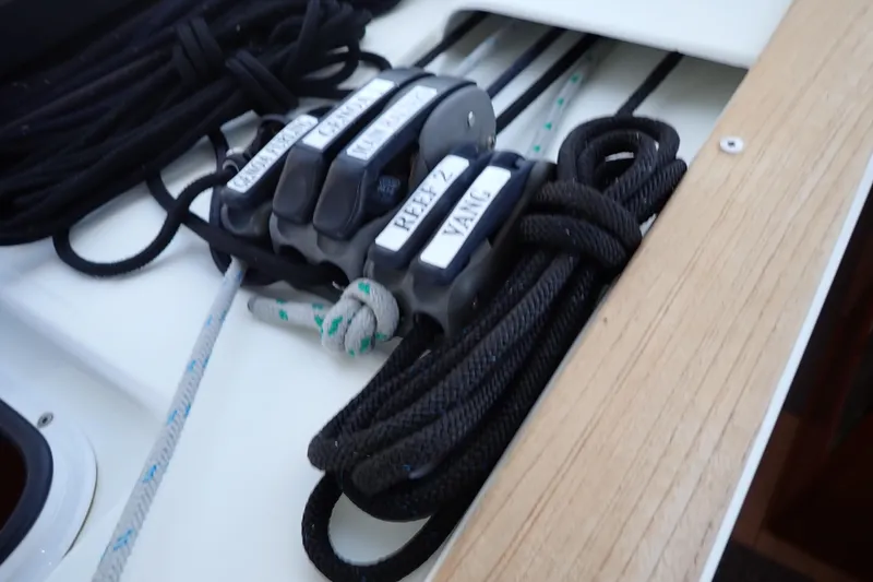 Slide: The Image of Rope clutches on 2018 Jeanneau Sun Odyssey 389 sailboat deck. - 100