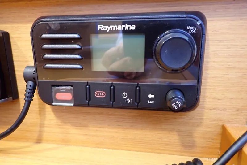 Slide: The Image of Raymarine marine radio on Jeanneau Sun Odyssey 389, 2018 model, mounted on wooden panel. - 116