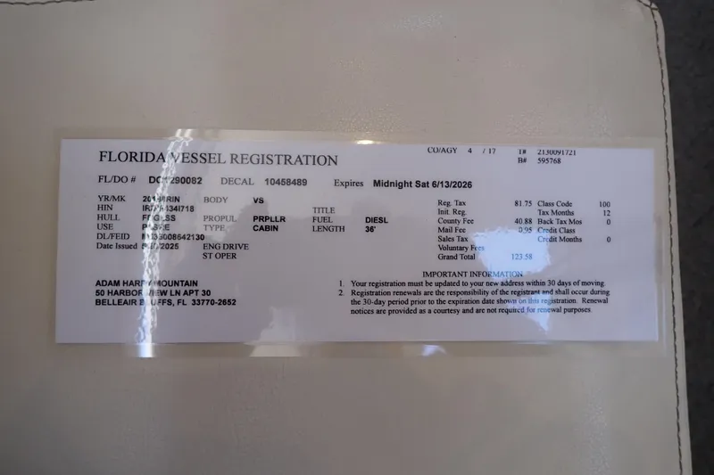 Slide: The Image of Florida vessel registration document for a 2018 Jeanneau Sun Odyssey 389 sailboat. - 193