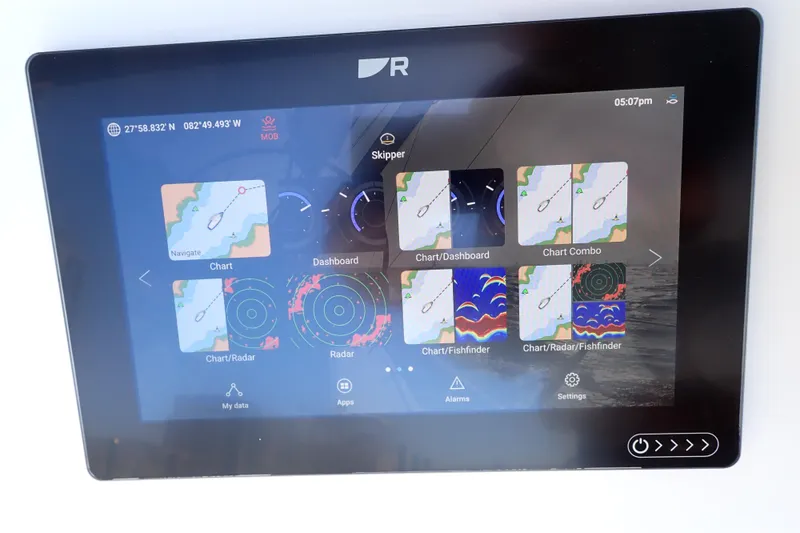 Slide: The Image of Navigation display on Jeanneau Sun Odyssey 389, 2018 model, showing charts and radar options. - 28