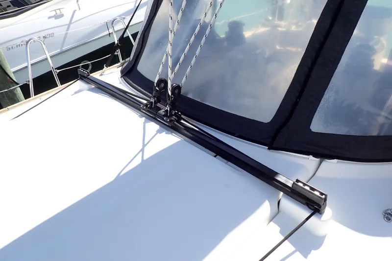 Slide: The Image of 2018 Jeanneau Sun Odyssey 389 sailboat deck with rigging and clear canopy. - 36