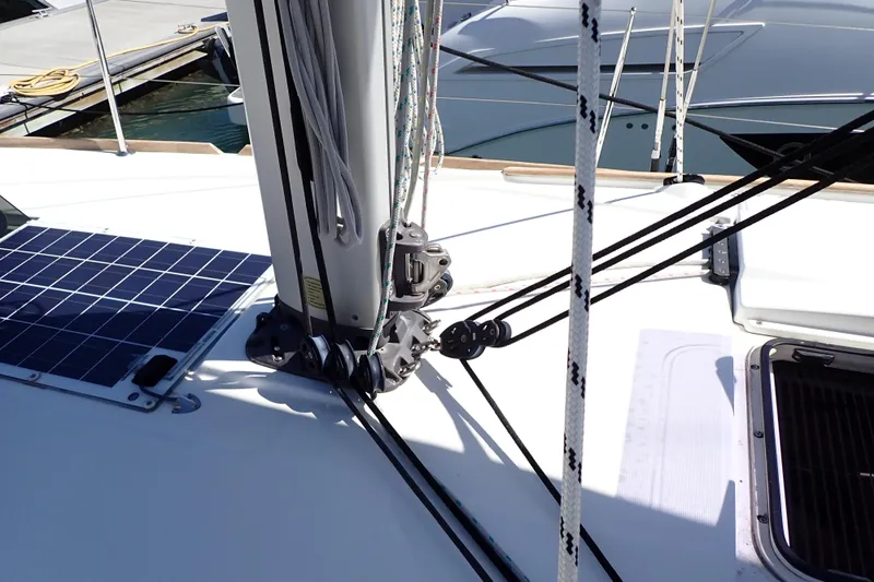 Slide: The Image of 2018 Jeanneau Sun Odyssey 389 sailboat deck with rigging and solar panel. - 37