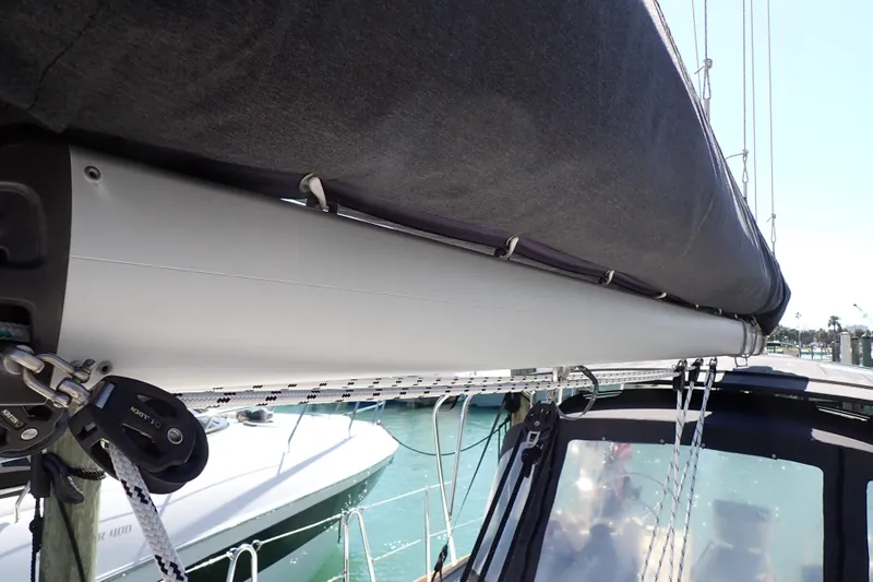 Slide: The Image of 2018 Jeanneau Sun Odyssey 389 sailboat with rigging and boom details. - 38