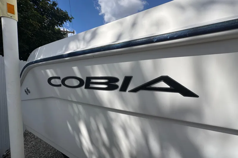 Slide: The Image of 2001 Cobia 254 Center Console boat with logo, side view under sunlight. - 5