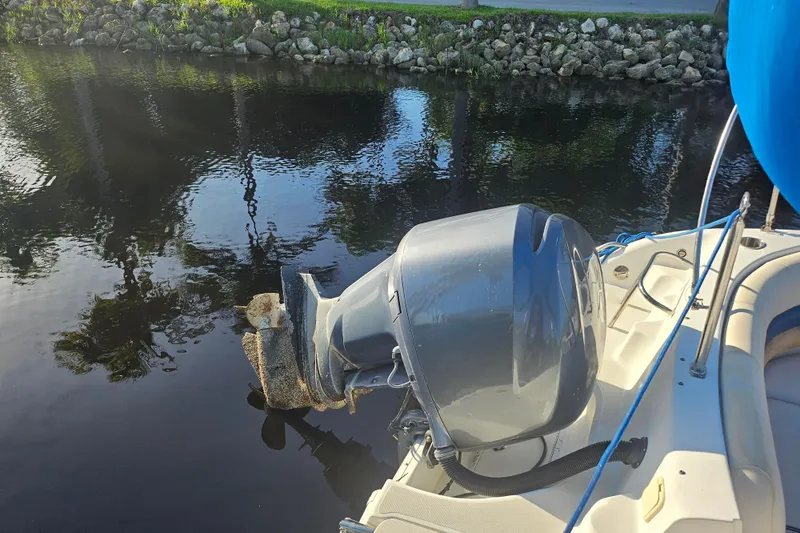 Slide: The Image of 2006 Hurricane SunDeck 237 OB boat with outboard motor on calm water. - 25