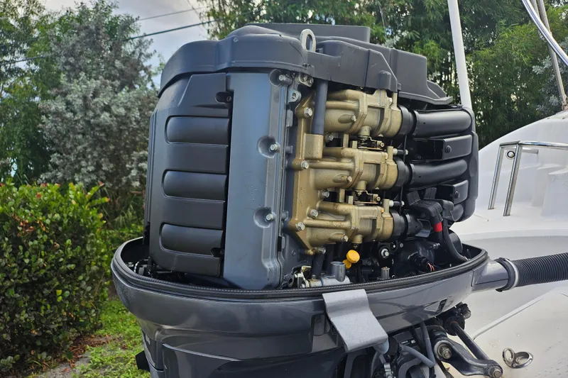 Slide: The Image of 2006 Hurricane SunDeck 237 OB outboard engine, detailed view with lush greenery background. - 6