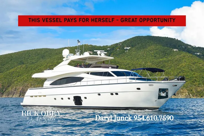 The Image of 2006 Ferretti Yachts 881 cruising near lush green island, clear blue sky above. - 0