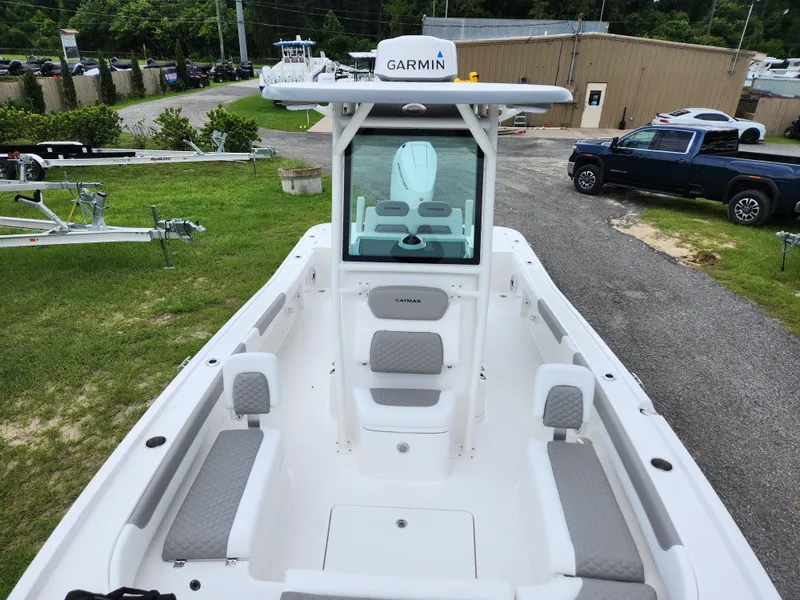 Slide: The Image of Interior view of 2024 Caymas 28 HB boat with gray seating. - 6
