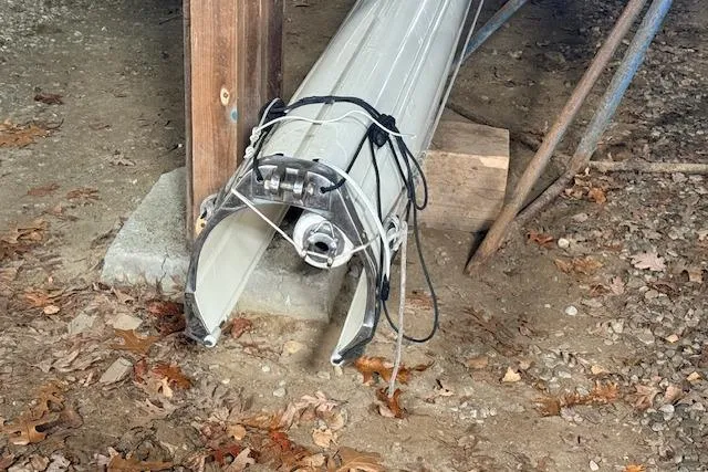 Slide: The Image of Mast of 1959 Sparkman & Stephens Custom 46 sailboat stored on ground. - 21