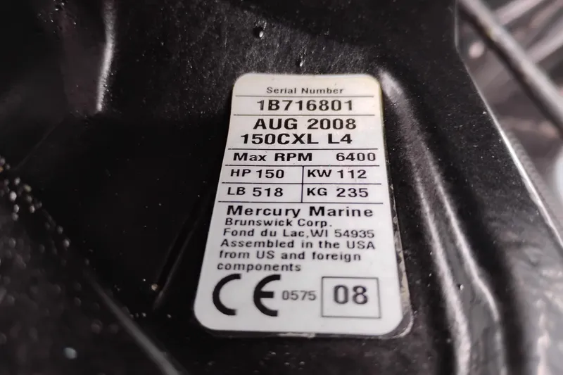 Slide: The Image of Label on Valiant PT-750 engine, 2008, showing specifications and Mercury Marine details. - 25