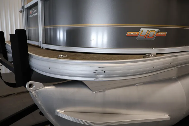 Slide: The Image of 2023 Sun Tracker Party Barge 18 DLX pontoon boat, close-up view of the bow. - 42