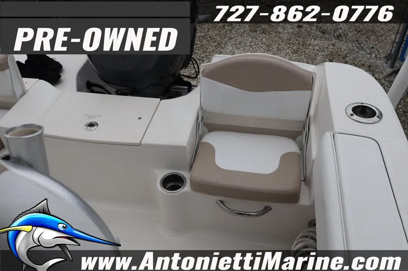 Slide: The Image of Pre-owned 2017 Robalo R200 Center Console boat seat with contact details and logo. - 23