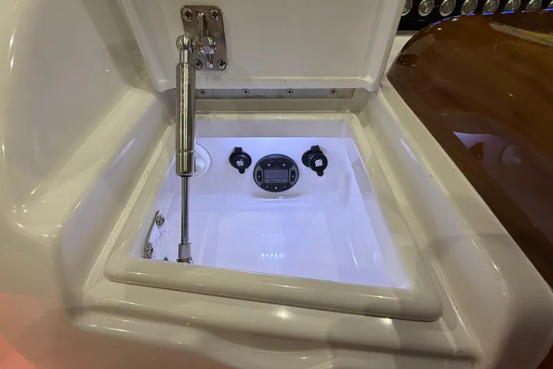 Slide: The Image of 2021 Mag Bay 33 CC boat interior with sleek design and modern controls. - 32