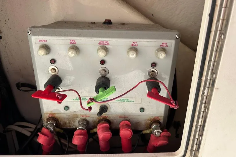 Slide: The Image of Electrical panel on a 2002 Boston Whaler boat with labeled switches and wiring. - 54
