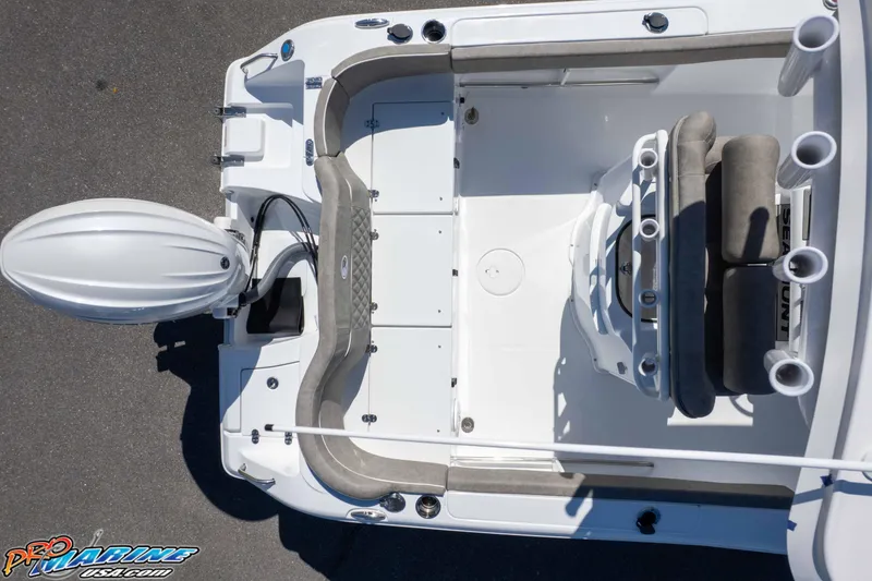Slide: The Image of Top view of 2026 Sea Hunt Ultra 229 boat, showcasing seating and motor details. - 46
