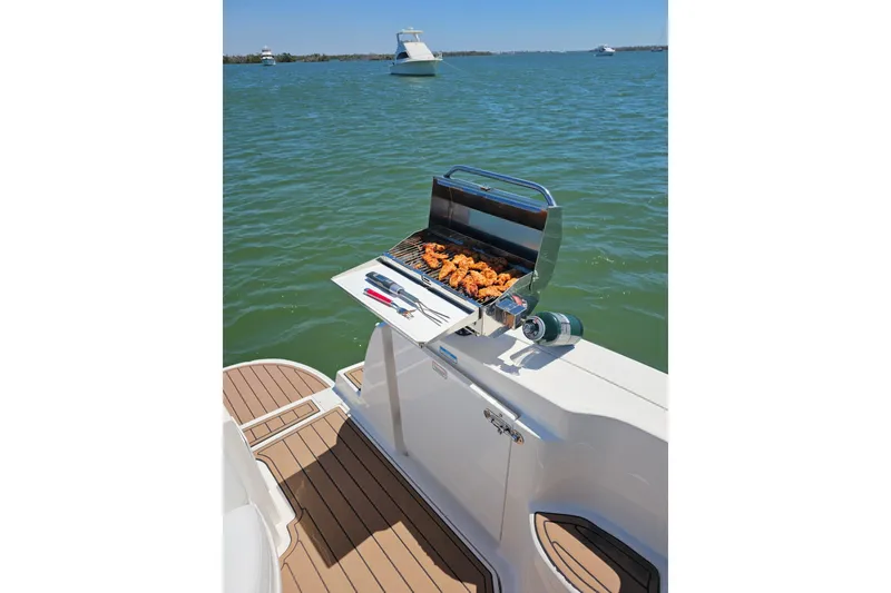 Slide: The Image of Sea Ray Sundancer 320 yacht with onboard grill, cooking chicken, on a sunny day. - 10