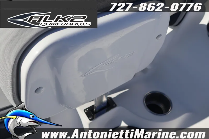 Slide: The Image of 2026 ALK2 Powerboats 23 CRX seat detail with logo and contact information. - 12