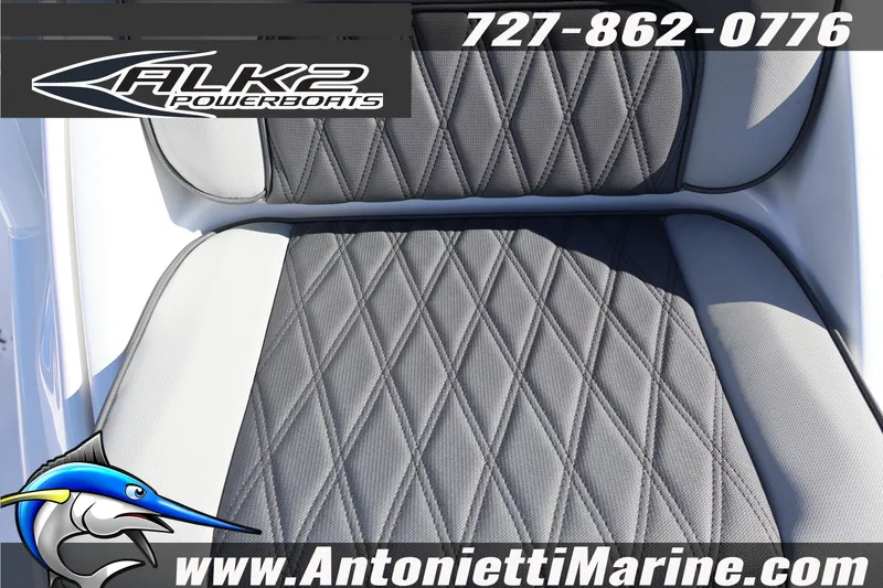 Slide: The Image of Quilted seat of 2026 ALK2 Powerboats 23 CRX, featuring logo and contact details. - 16