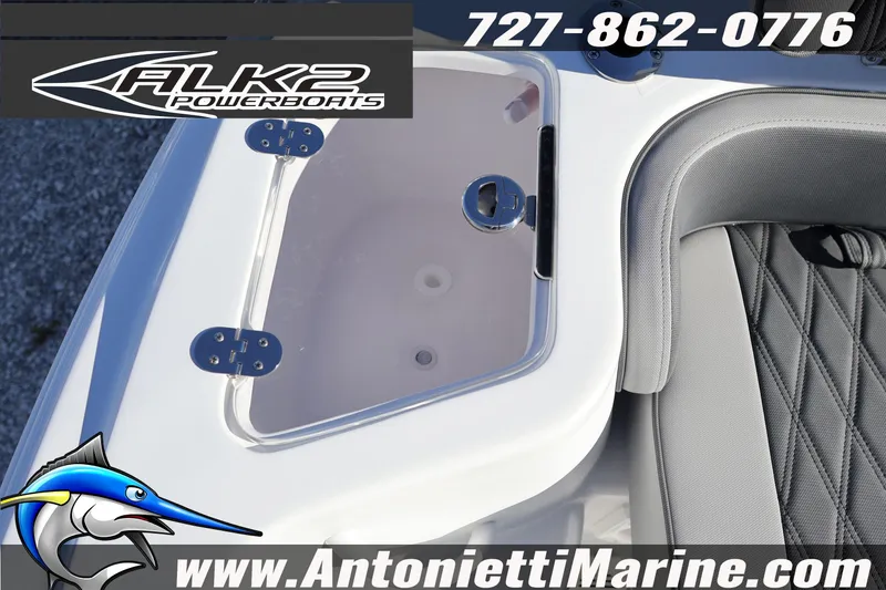 Slide: The Image of 2026 ALK2 Powerboats 23 CRX interior detail with seating and storage compartment. - 20