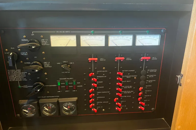 Slide: The Image of Electrical control panel of a 1989 Bayliner 4285 Avanti boat, featuring gauges and switches. - 39