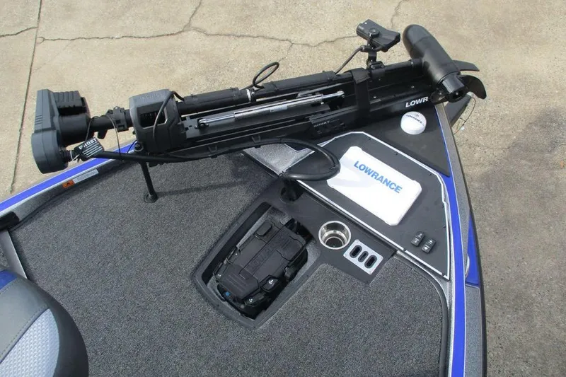 Slide: The Image of 2026 Ranger Z519 Cup-Equipped boat deck with Lowrance electronics and trolling motor. - 9