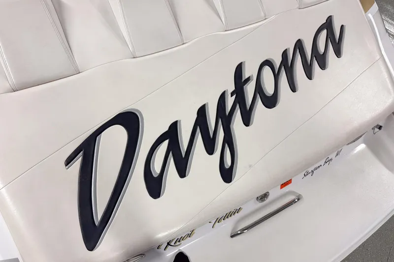 Slide: The Image of 2002 Donzi 38 ZX boat with "Daytona" lettering on white upholstery. - 8