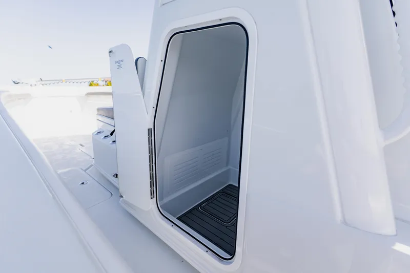 Slide: The Image of 2025 Yellowfin 36 Offshore boat interior cabin entrance, showcasing sleek design and functionality. - 18
