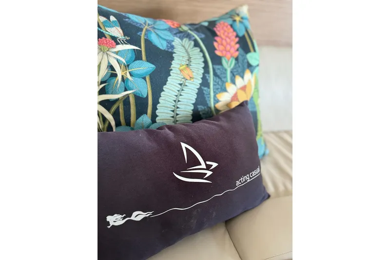 Slide: The Image of Decorative pillows on Lagoon 46 yacht, featuring floral and nautical designs, 2020 model. - 81