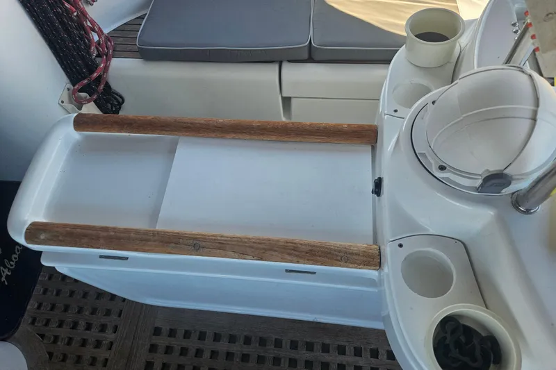 Slide: The Image of Bathroom interior of 1998 Beneteau Oceanis 381 sailboat, featuring compact storage and amenities. - 52