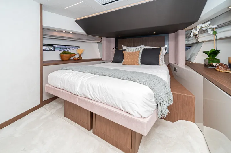 Slide: The Image of Luxurious bedroom interior of 2024 Prestige X60 yacht with elegant decor and modern design. - 43
