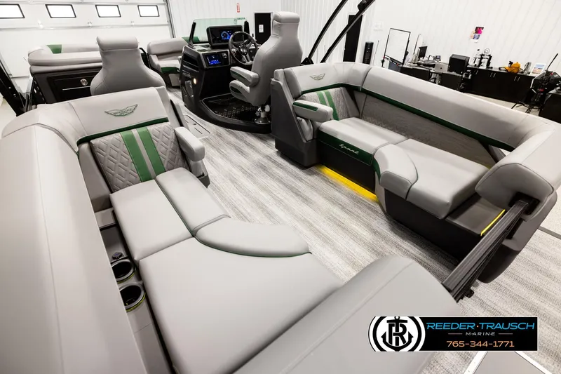 Slide: The Image of Luxurious interior of 2026 Bennington MOFBSF boat with plush seating and modern design. - 11