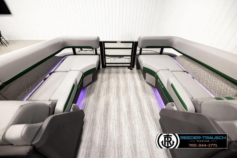 Slide: The Image of 2026 Bennington MOFBSF boat interior with modern seating and ambient lighting. - 15