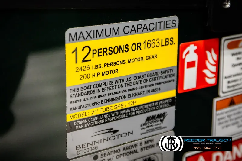 Slide: The Image of Bennington MOFBSF 2026 boat capacity label, 12 persons or 1663 lbs, safety compliance. - 50