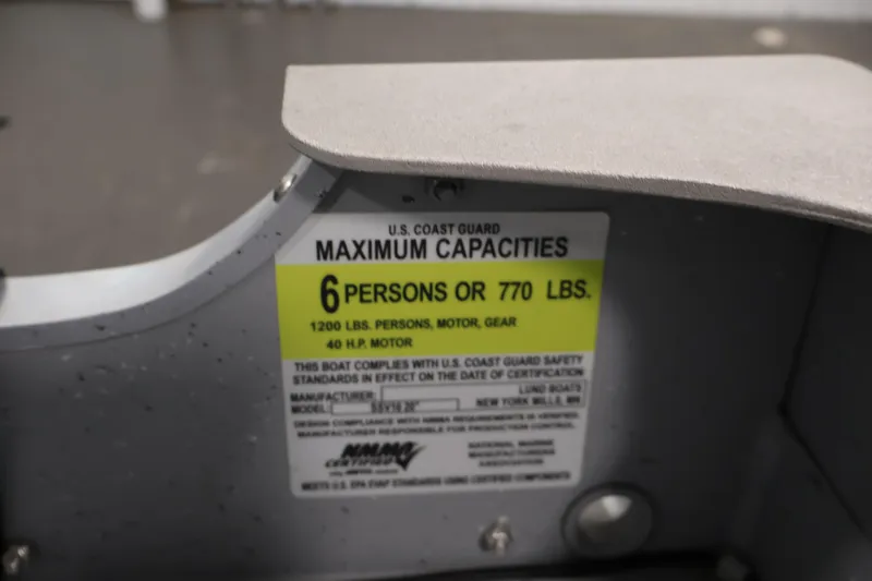 Slide: The Image of 2022 Lund SSV-16 Tiller boat capacity label, 6 persons or 770 lbs, 40 HP motor. - 18