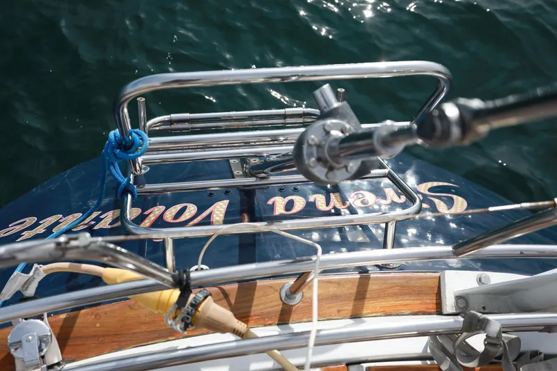 Slide: The Image of Cockpit of 1988 Grand Soleil 46 Jezequel sailboat with wooden deck and steering wheel. - 8