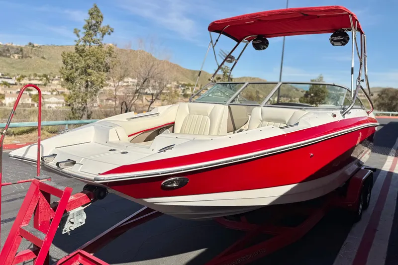 Slide: The Image of Red 2004 Cobalt 240SD boat on trailer, scenic background, sunny day. - 3