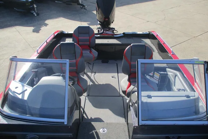 Slide: The Image of 2020 Ranger 620FS Cup-Equipped boat interior with seating and windshield, viewed from above. - 10