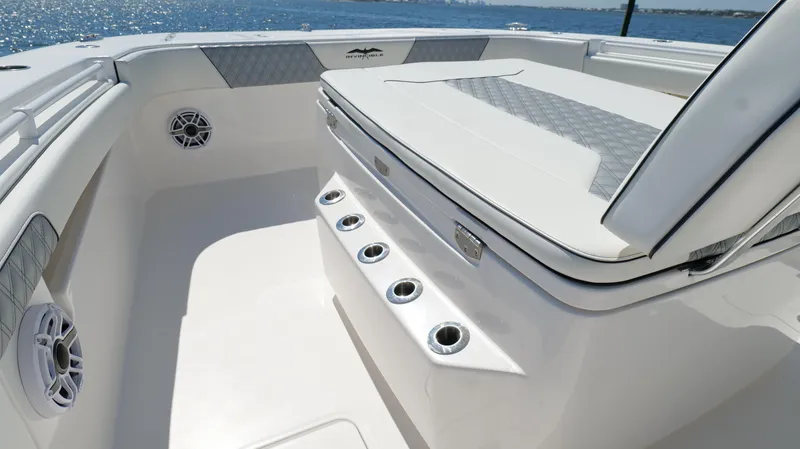 Slide: The Image of 2020 Invincible 37 Catamaran interior with seating and rod holders, ocean view. - 35