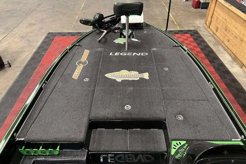 Slide: The Image of 2018 Legend Boats V20 fishing deck with logos and equipment. - 9