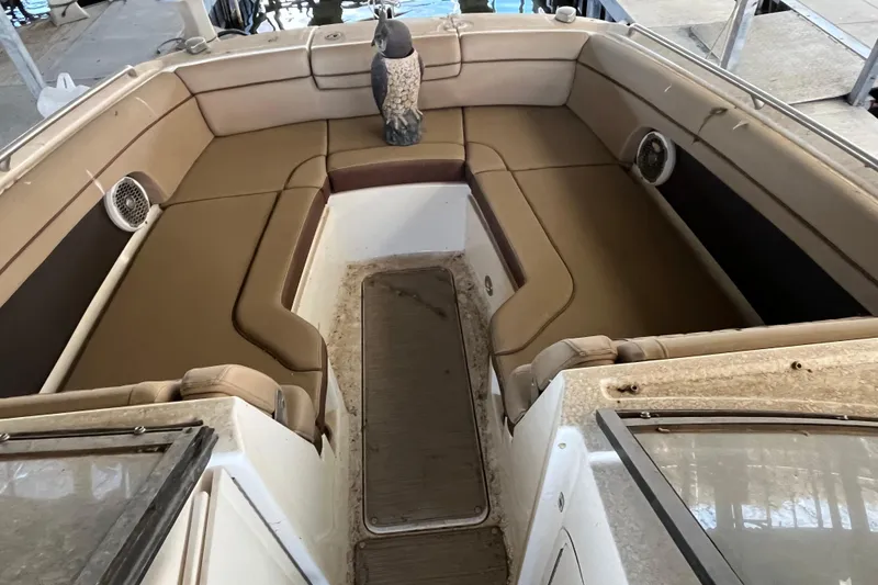 Slide: The Image of 2016 Sea Ray 270 Sundeck interior with tan seating and decorative owl. - 9