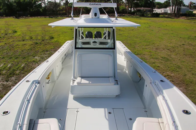 Slide: The Image of 2022 Yellowfin 39 Offshore boat with spacious deck and Garmin equipment. - 21