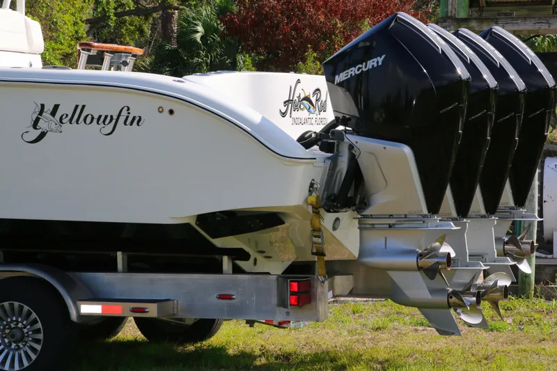 Slide: The Image of 2022 Yellowfin 39 Offshore boat with Mercury engines on a trailer. - 28