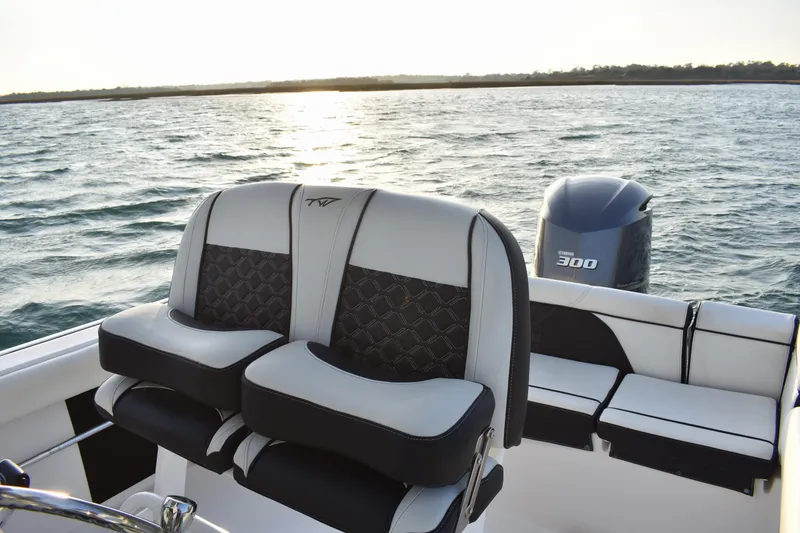 Slide: The Image of 2021 Tidewater 232 LXF boat interior with dual seats and Yamaha 300 engine. - 11